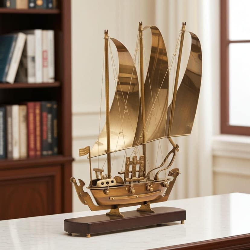 Brass Table Decor Ship Model � Wooden Base Nautical Showpiece, Height : 20 Inch (MRMAS172 C)