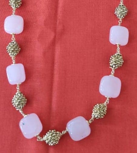 Delicate Pink Beaded Necklace with Gold Accents view 2
