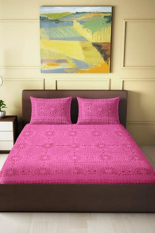 Garvi Gurjari (A Gujarat Govt Enterprise) Handmade Pink Applique Work Cotton Bed Cover Set With Pillow Covers