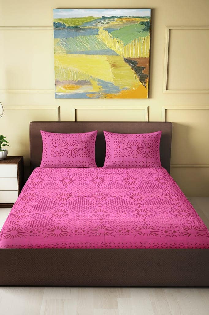 Garvi Gurjari (A Gujarat Govt Enterprise) Handmade Pink Applique Work Cotton Bed Cover Set With Pillow Covers