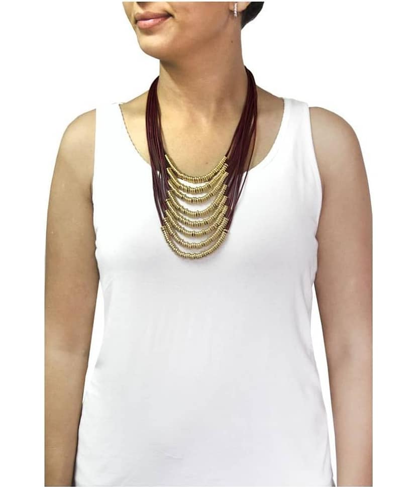 The Jewelbox Italian Rings Multistrand 7 Layered Maroon Nylon 18K Gold Brass LongStatement Necklace Women view 2