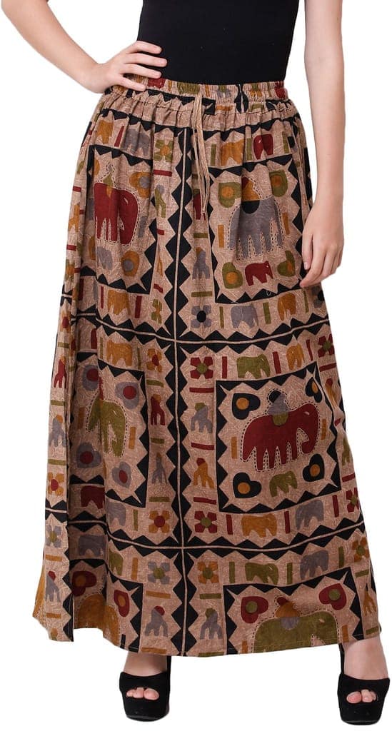 Nougat Stone-Washed Long Elastic Skirt with Printed Elephants view 2