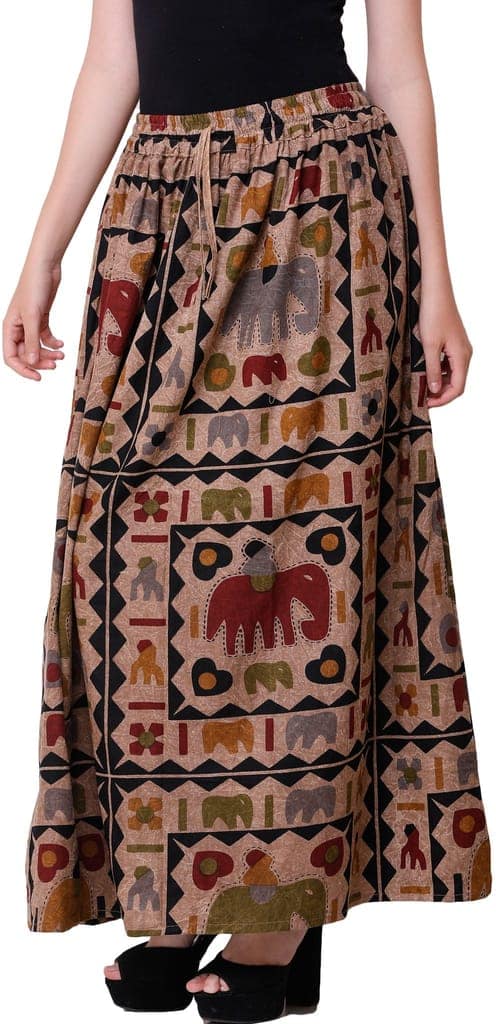Nougat Stone-Washed Long Elastic Skirt with Printed Elephants view 3