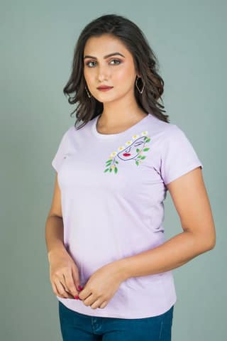 Lavender coloured hand embroidered Women’s cotton T shirt