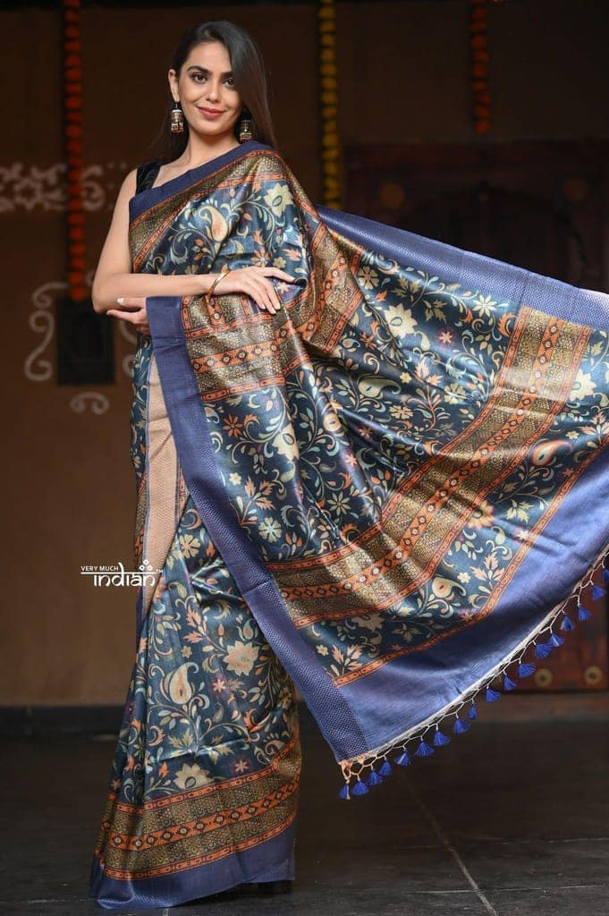Raaga~ Greyish Blue Handloom Pure Tussar Silk with Kalamkari and Floral Prints view 4