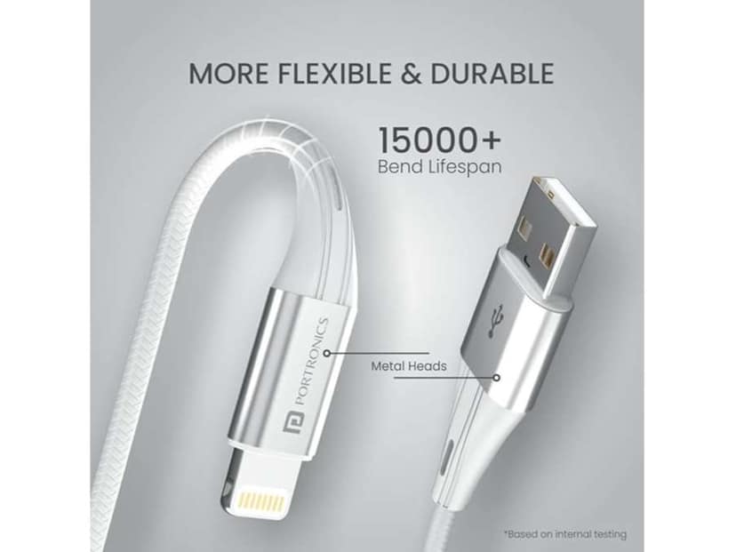 Portronics Konnect B+ 8 Pin Usb Cable 3.0 Amp Output with Charge & Data Sync with 1m - White view 3