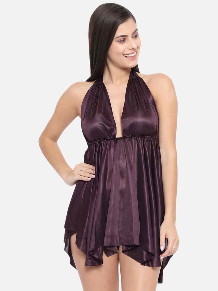 Honeymoon Burgundy Bridal Babydoll Bikini & Night Dress-B36U-S-10XL view 5