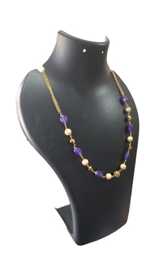 "Stunning Gold Chain Necklace with Purple Beads and Pearls for Women"
