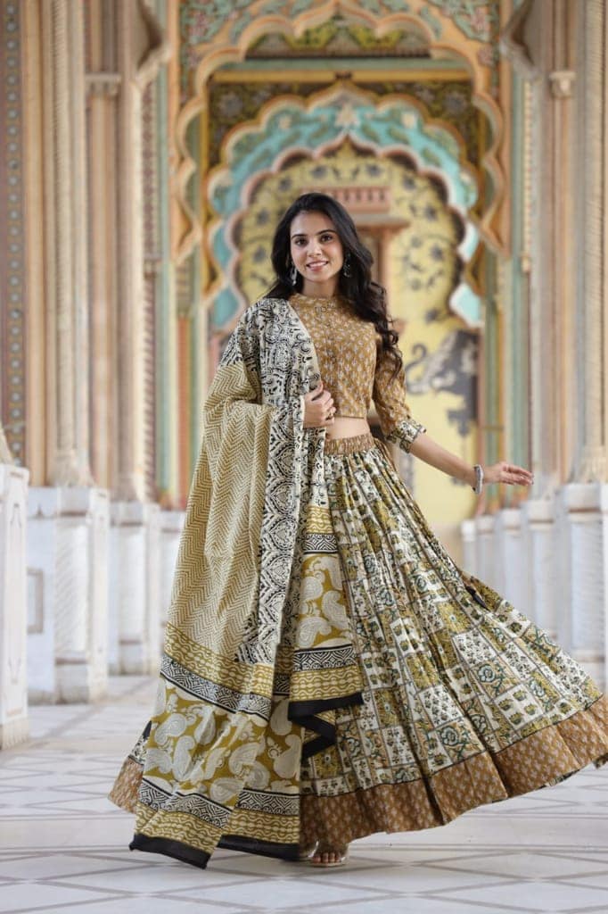 Cotton Lehanga Handblock Printed Dirt Brown Color and Top With Mulmul Dupatta (Size 34-46)-6560 view 5
