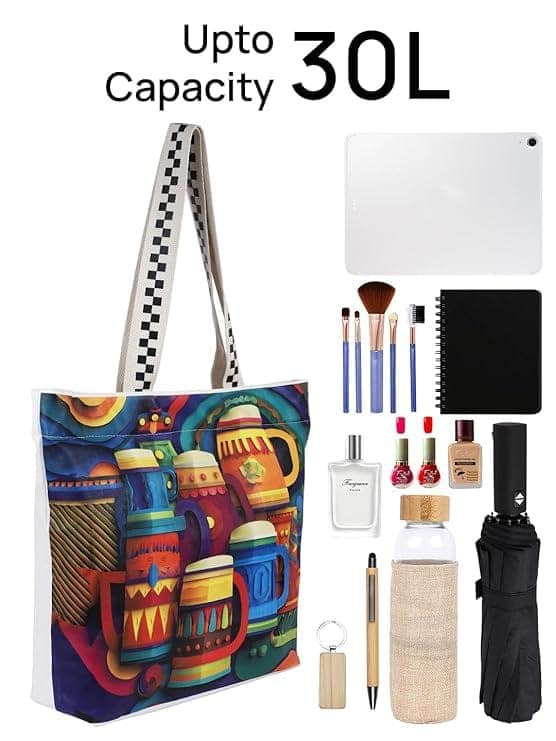 WOTM On The Move Tote | Premium Printed Cotton Canvas Tote Bag with Zipper & Inside Pocket, Stylish Everyday Travel Bag for Work, College, Office, Travel, Shopping view 5