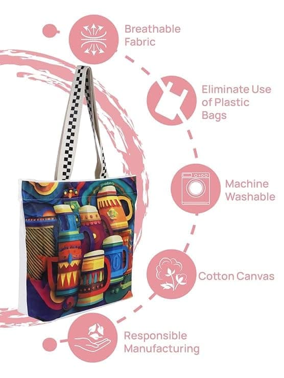 WOTM On The Move Tote | Premium Printed Cotton Canvas Tote Bag with Zipper & Inside Pocket, Stylish Everyday Travel Bag for Work, College, Office, Travel, Shopping view 6