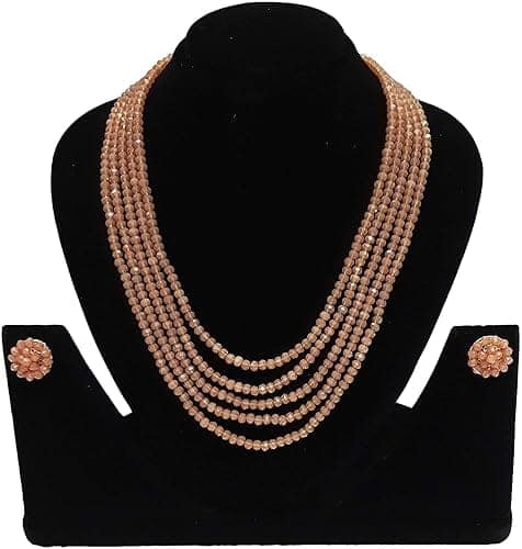 A V FASHION INDIA - Semi Precious Gemstone Peach Crystal Stone Beads 5 Layer Necklace With Stud Earring Multi Strand Peach Colour 16" Mala for Girl and Women Fashion Jewellery
