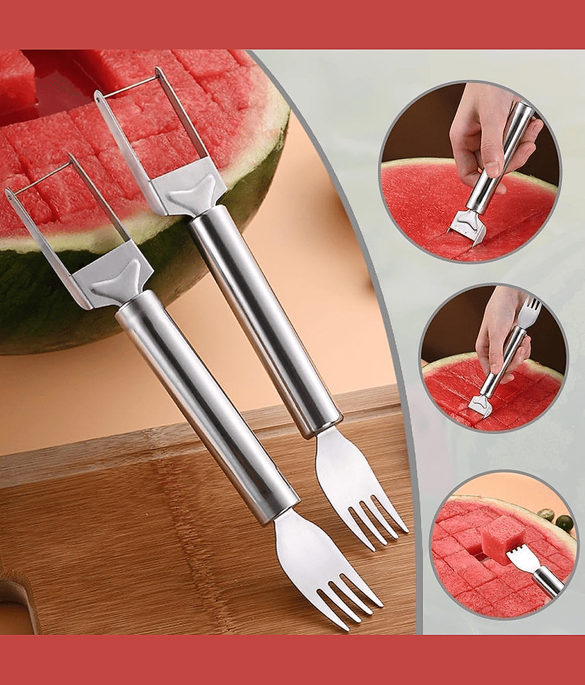 Watermelon Fork Cutter Slicer Tool, 2-in-1 Stainless Steel Fruit Cutter Melon Slicer Cutter Tool, Watermelon Cutting Tool for Home Party Camping Kitchen Gadget