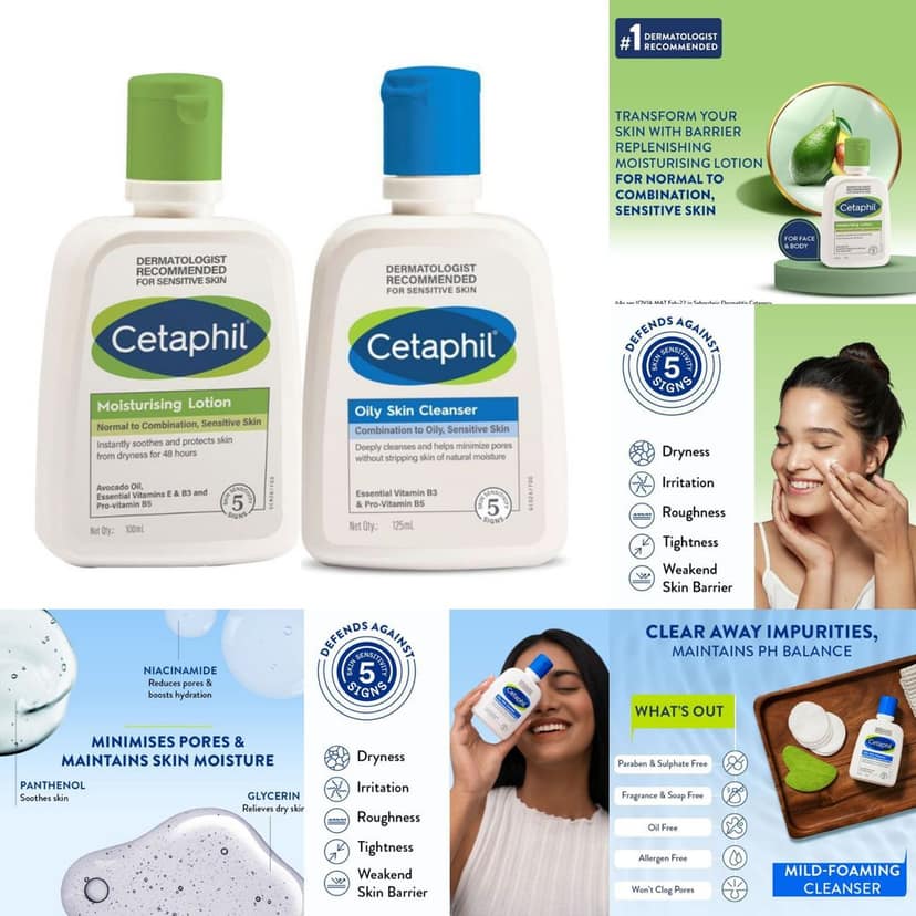 Cetaphil Moisturising Lotion For Dry To Normal Sensitive Skin - Dermatologist Recommended (100ml) + Cetaphil Oily Skin Cleanser for Acne-prone Skin with Niacinamide Dermatologist Recommended (125ml) Pack of 2
