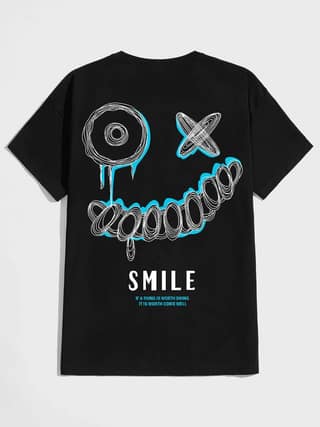 SCOTT FINCHER Men's Black Short Sleeve Graphic T-Shirt with Blue Smiley Face Design : AA(HSR)BLACK_03