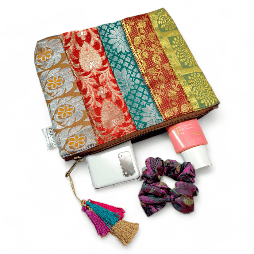PRASHU Recycled Brocade Fabric Patchwork Pouch Makeup, Travel, Gifting, for Women and Girls view 4