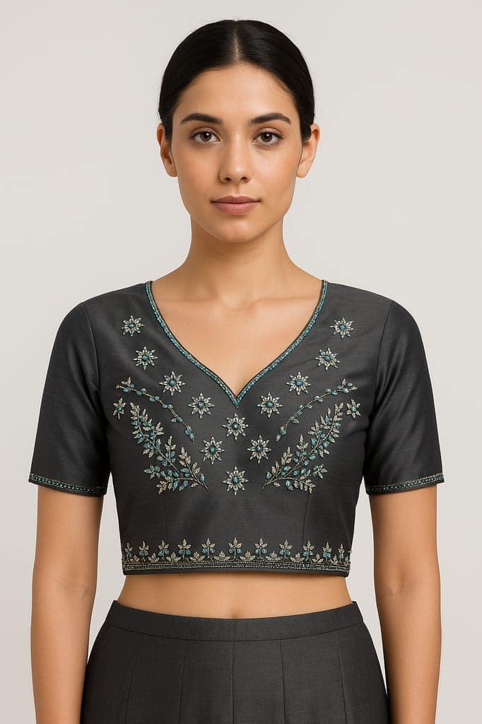 Elegant Dark Grey Silk Blouse with Intricate Floral Embroidery view 2