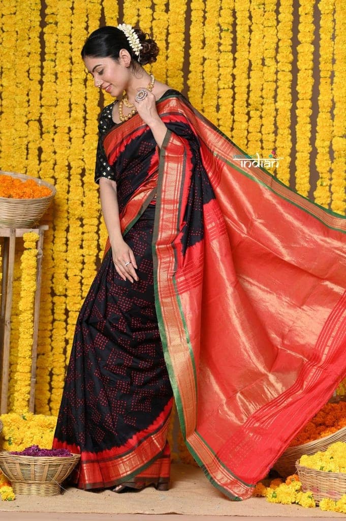 Rajsi~ Handloom Pure Silk Paithani Saree WIth Handbandhani and Most Traditional Tawa Pallu in Black view 2