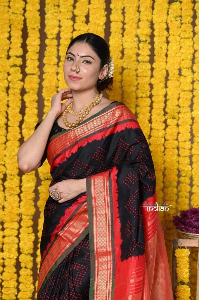 Rajsi~ Handloom Pure Silk Paithani Saree WIth Handbandhani and Most Traditional Tawa Pallu in Black view 3