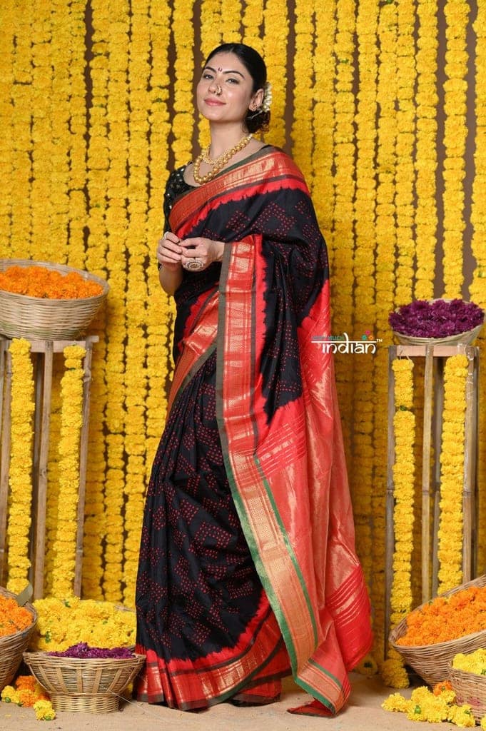 Rajsi~ Handloom Pure Silk Paithani Saree WIth Handbandhani and Most Traditional Tawa Pallu in Black view 4