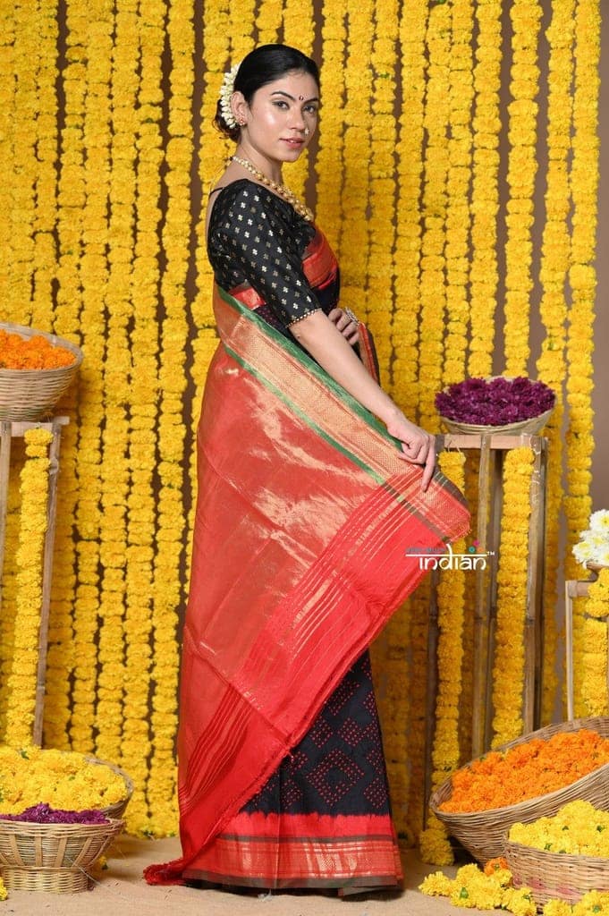 Rajsi~ Handloom Pure Silk Paithani Saree WIth Handbandhani and Most Traditional Tawa Pallu in Black view 5