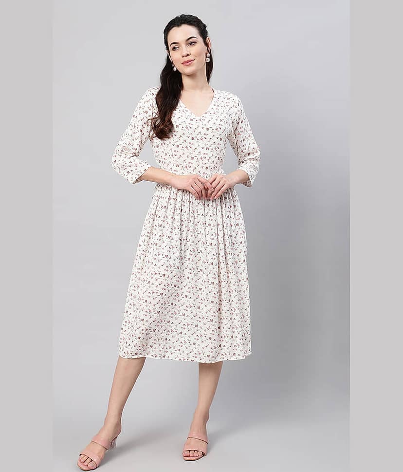 Flamboyant Women Cotton Printed Fit & Flare Dress ( White )