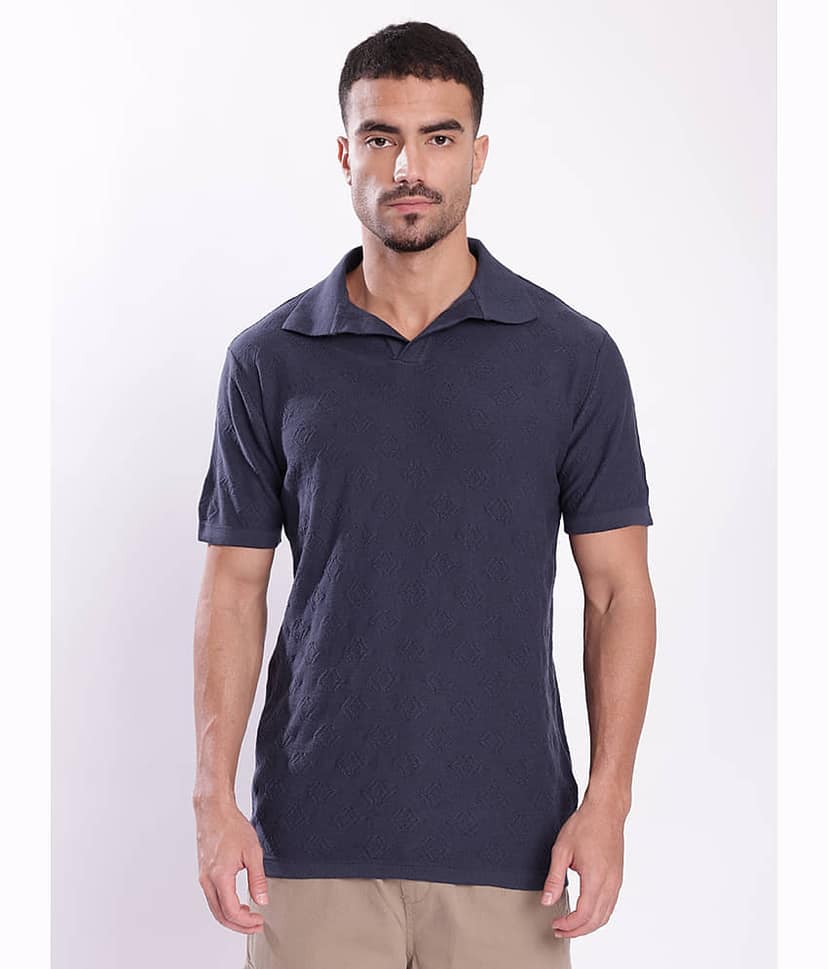 Bene Kleed Men Cotton Blend Regular Fit Self Design Polo T Shirt ( Navy Blue ) view 2