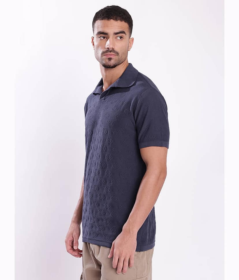 Bene Kleed Men Cotton Blend Regular Fit Self Design Polo T Shirt ( Navy Blue ) view 3