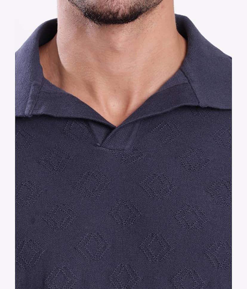 Bene Kleed Men Cotton Blend Regular Fit Self Design Polo T Shirt ( Navy Blue ) view 4