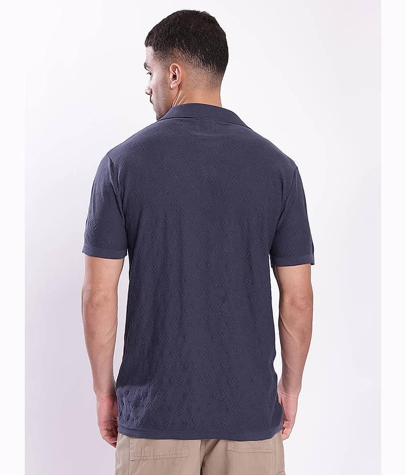 Bene Kleed Men Cotton Blend Regular Fit Self Design Polo T Shirt ( Navy Blue ) view 5