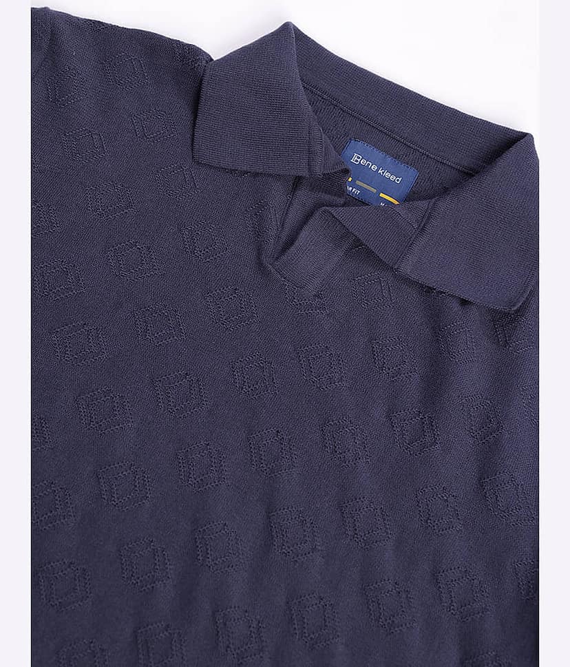 Bene Kleed Men Cotton Blend Regular Fit Self Design Polo T Shirt ( Navy Blue ) view 6