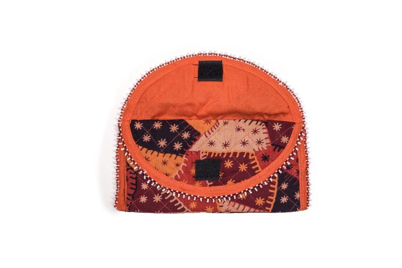 3 Fold Handmade Purse Cotton, Sponge & Bid Work Small Orange with Design (PVTG) view 3
