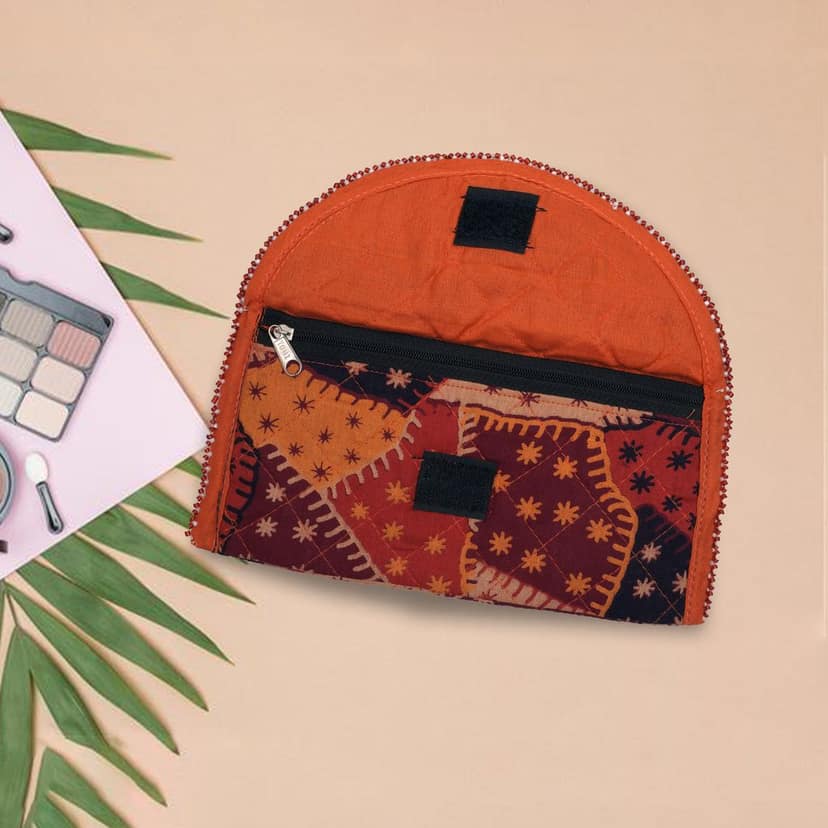 3 Fold Handmade Purse Cotton, Sponge & Bid Work Small Orange with Design (PVTG) view 4