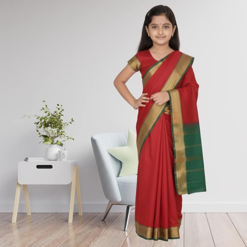 Mom and Me Ready-to-Wear Girls Ethnic Saree | Golden Zari Border Belgaon Silk | Kids Fancy Dress & Festive Wear view 2