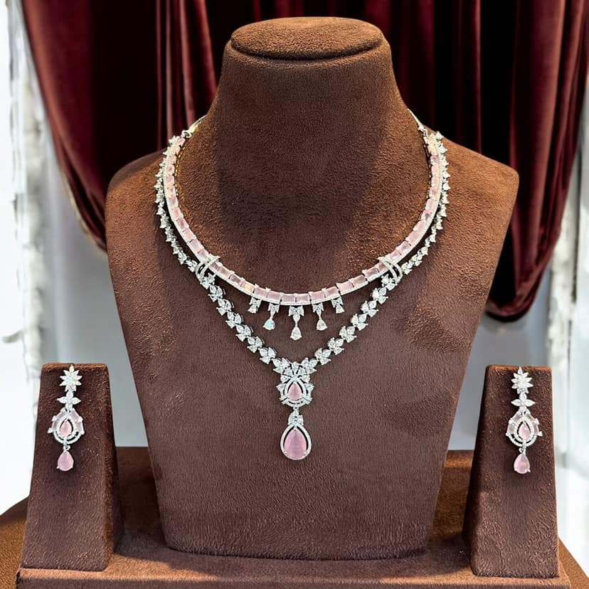 Exquisite Pink and White Cubic Zirconia Necklace Set By Dia Art Jewels