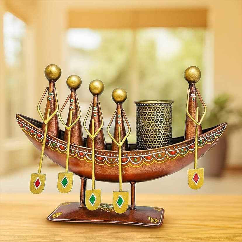 Handcrafted Metal Boat Pen Holder | Decorative Desk Organizer for Office & Home | Boat Pen Holder | Boat Showpiece for Living Room Rajasthani Home Decor | Artistic Table D�cor & Unique Gift Item