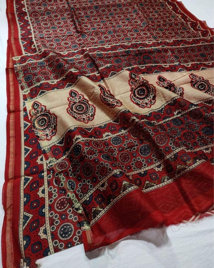 Ajrakh Printed Flame Red Color Chanderi Silk Saree with Running Blouse-2621