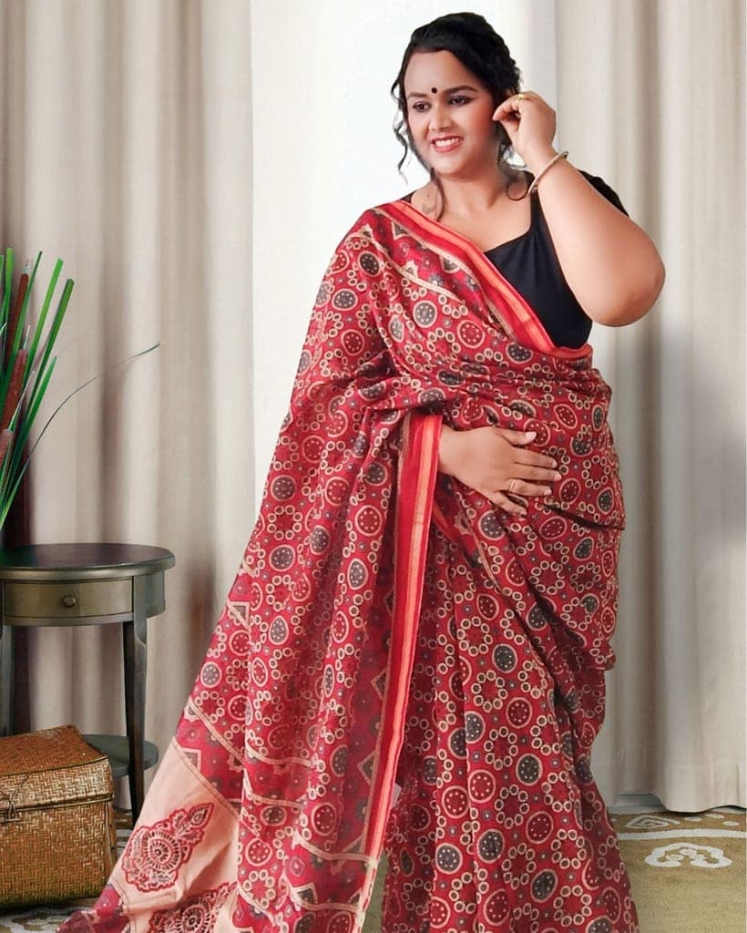 Ajrakh Printed Flame Red Color Chanderi Silk Saree with Running Blouse-2621 view 2