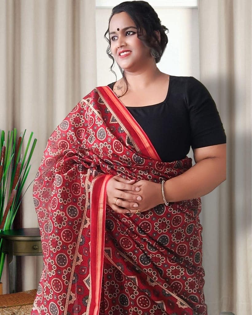 Ajrakh Printed Flame Red Color Chanderi Silk Saree with Running Blouse-2621 view 3