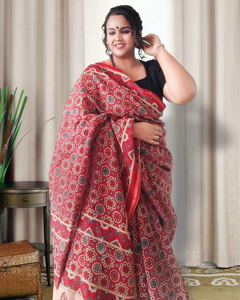 Ajrakh Printed Flame Red Color Chanderi Silk Saree with Running Blouse-2621 view 4