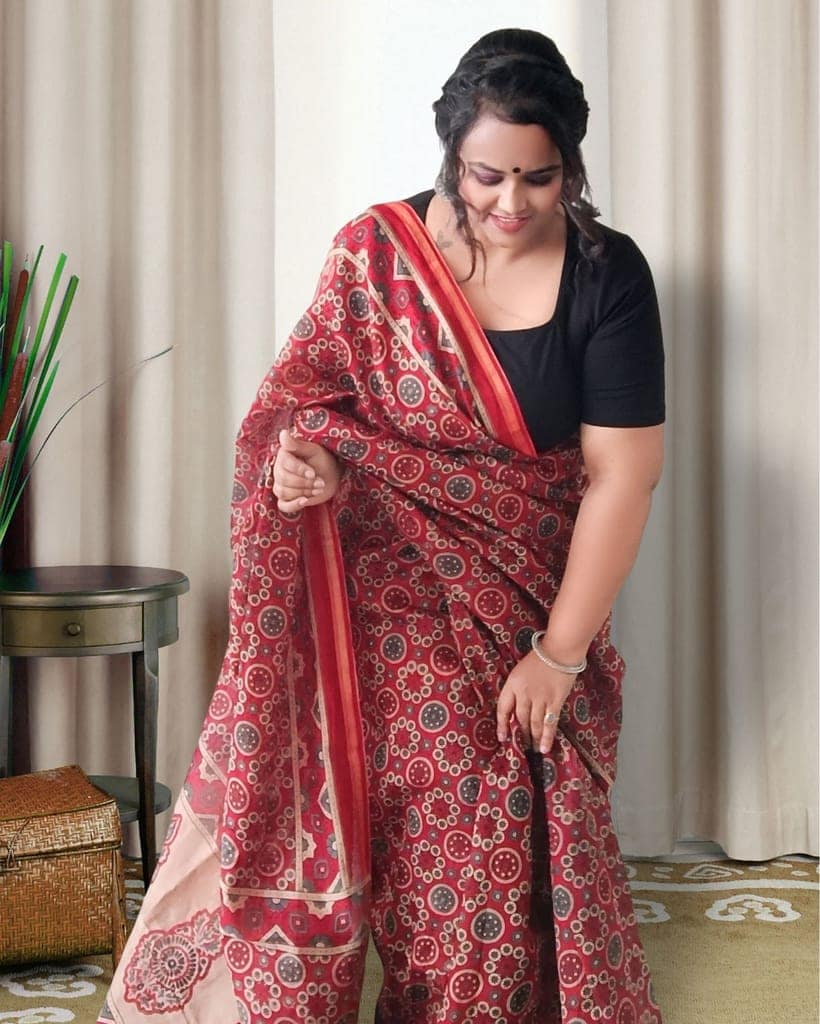 Ajrakh Printed Flame Red Color Chanderi Silk Saree with Running Blouse-2621 view 5