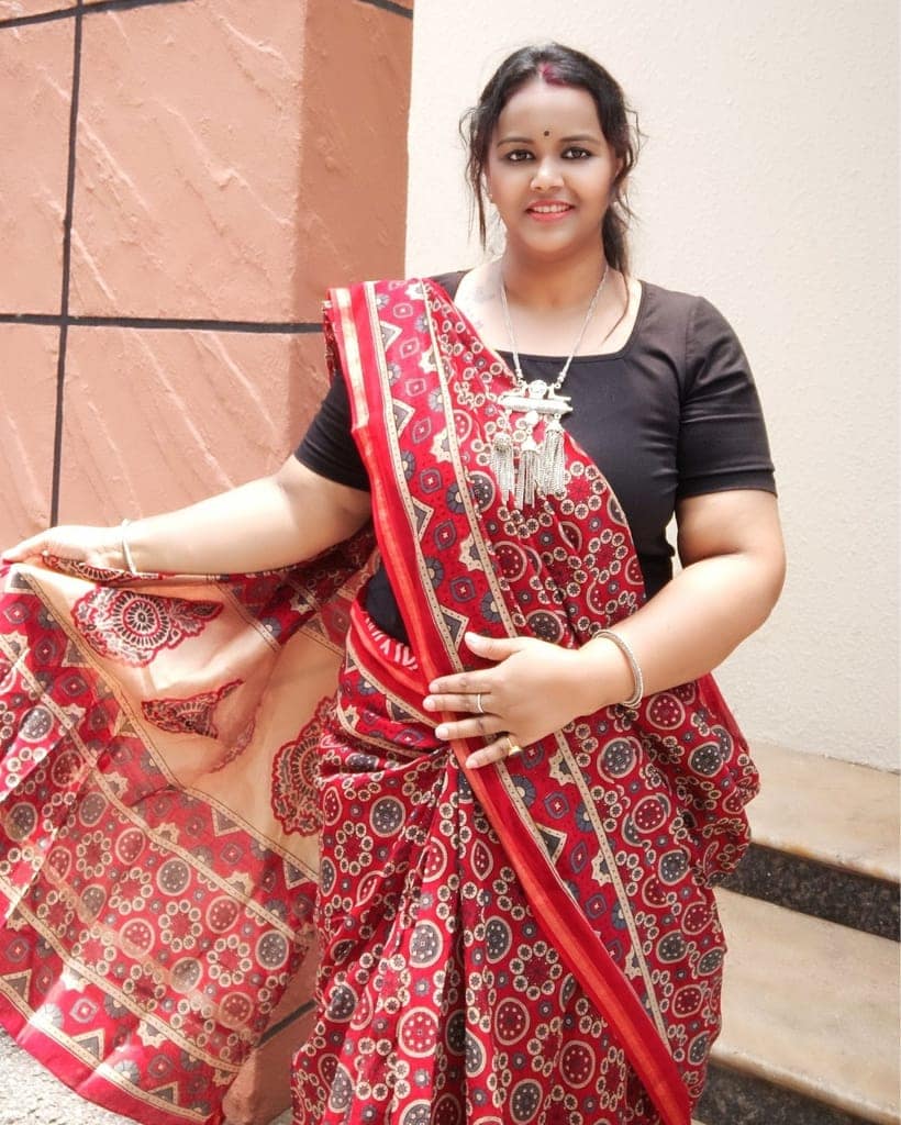 Ajrakh Printed Flame Red Color Chanderi Silk Saree with Running Blouse-2621 view 6