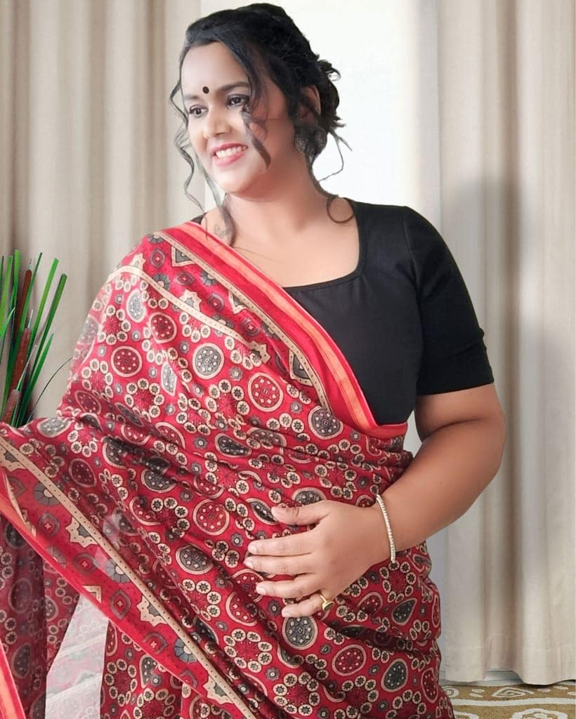 Ajrakh Printed Flame Red Color Chanderi Silk Saree with Running Blouse-2621 view 7