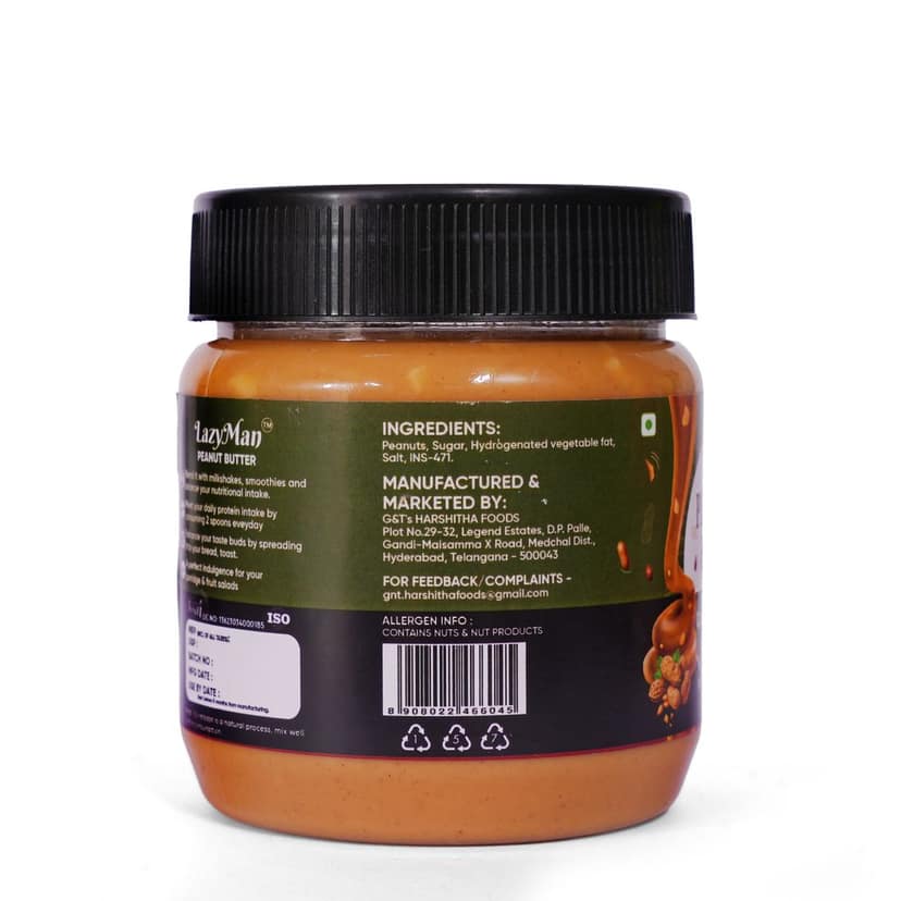 Lazyman Sweetened Crunchy Peanut Butter, 1 Pet Jar - 350 Grams view 3