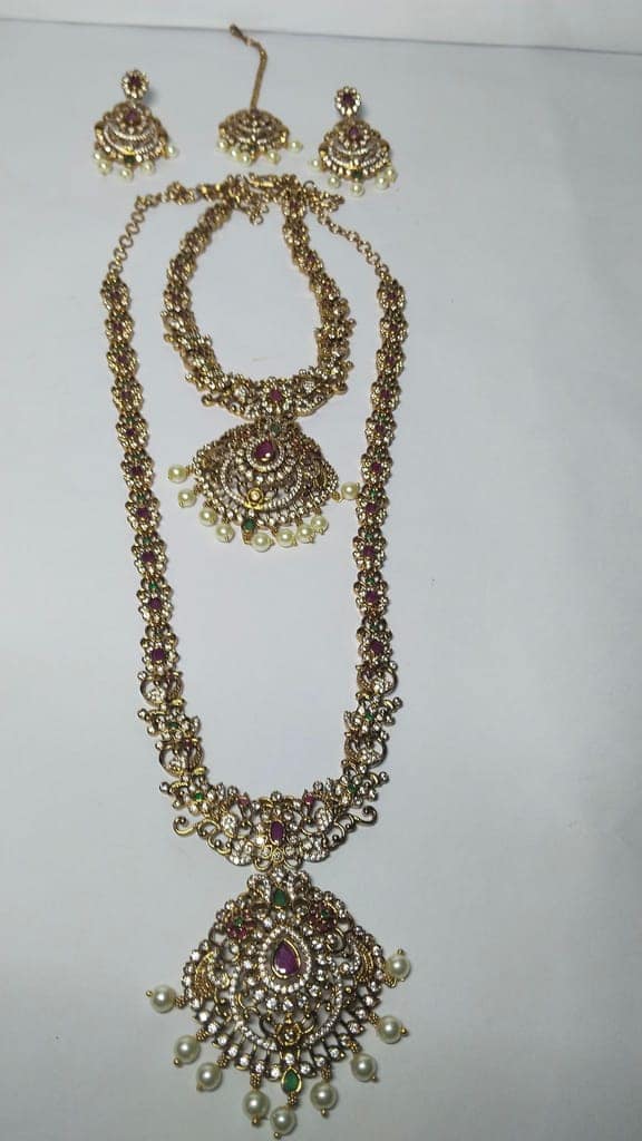 Bridal Gold Plated Haram and Earrings Set with Ruby Stones and Pearls view 2