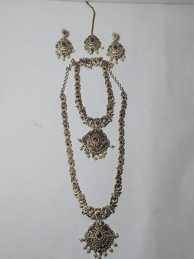 Bridal Gold Plated Haram and Earrings Set with Ruby Stones and Pearls view 3