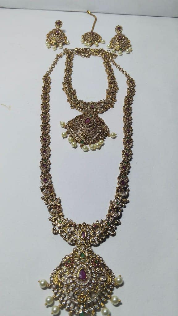 Bridal Gold Plated Haram and Earrings Set with Ruby Stones and Pearls view 4