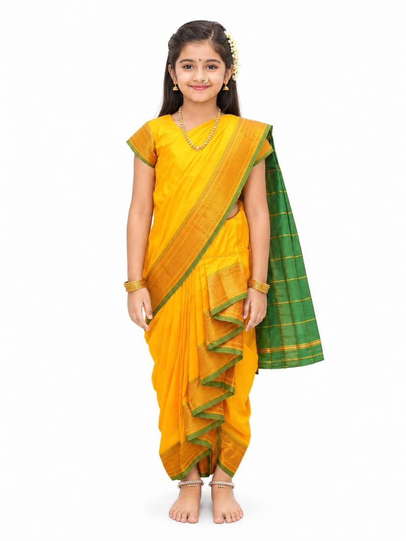 LUSTER Girl's Belgaon Silk Nauwari Saree (3-4 Years, Yellow)