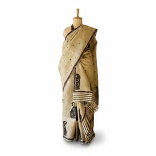 Traditional Beige Block-Printed Saree