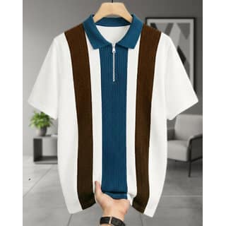 Ausk Mens Brown, White Graphic Print Cotton Blend Polo Collar T-Shirt